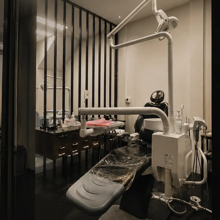 Dental chair dan peralatan di ruang tindakan di balik dinding kaca